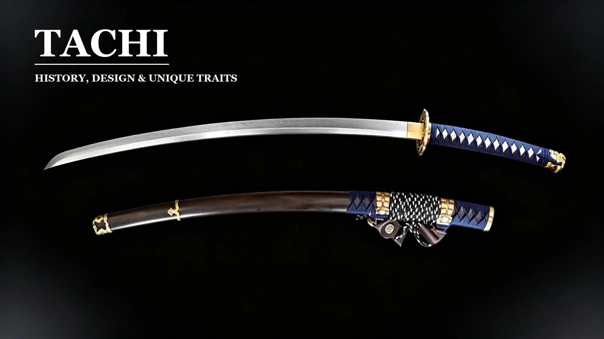 Full view photograph of traditional Japanese Tachi with complete decorative sword mounting (koshirae)
