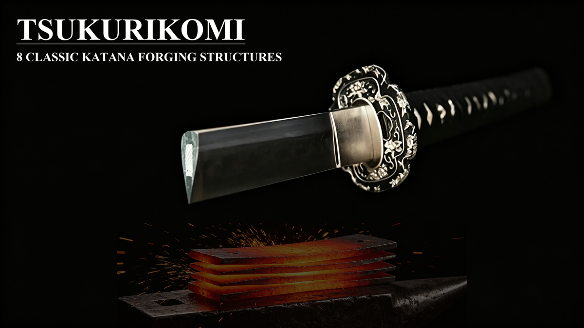 Full overview diagram of 8 traditional katana tsukurikomi cross-section structures, paired with steel material legend and cultural explanatory text, dark themed 16:9 illustration for sword collectors