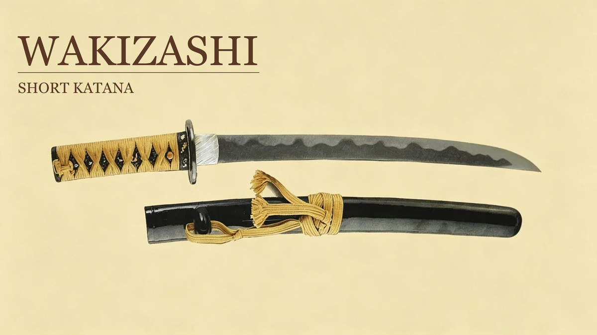 Complete wakizashi short katana full set display, traditional Japanese samurai side sword with yellow tsuka ito and black saya scabbard