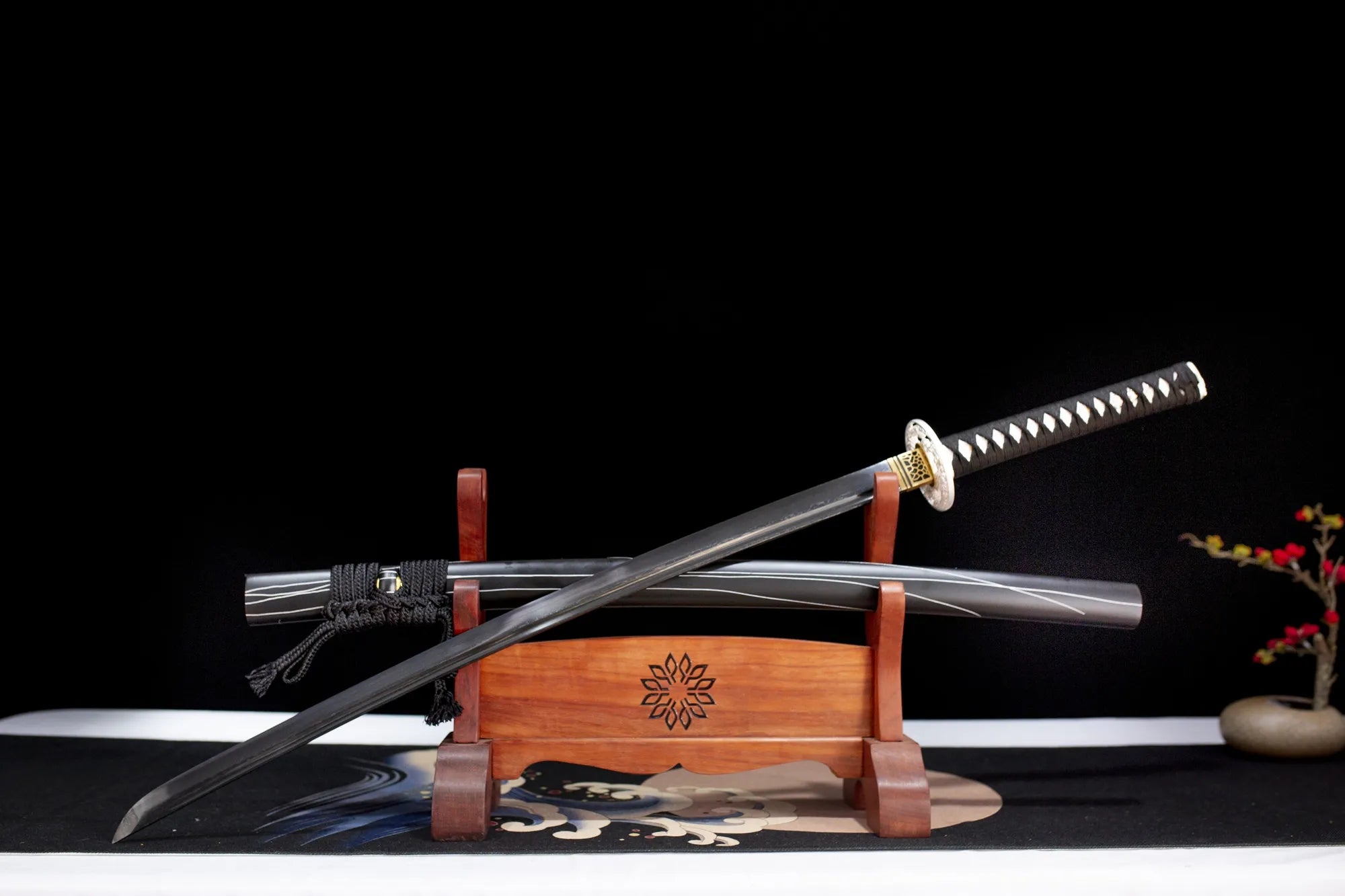 This katana(samurai sword) is forged from Damascus steel. The surface is oxidized and blackened