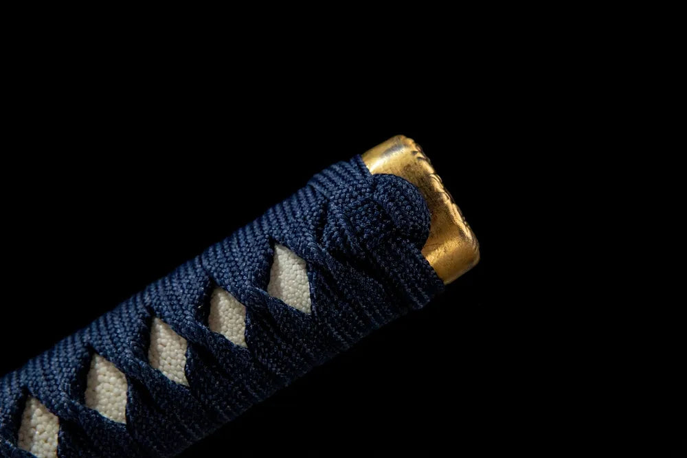Azure Wind Katana handle end detail, solid copper kashira minimalist design