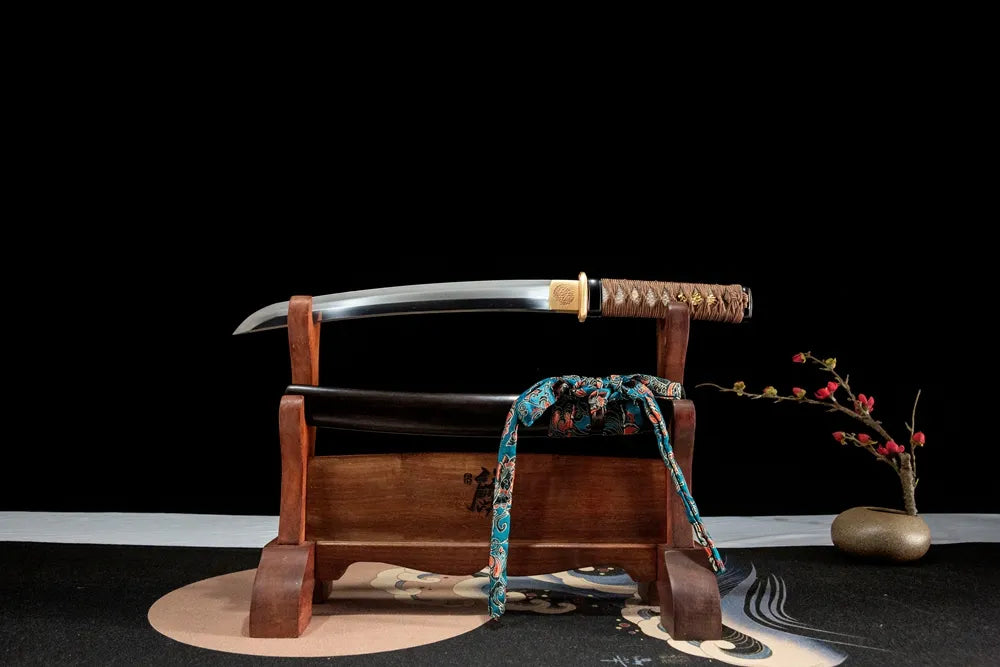 Unsheathed Night Wakizashi, Uzi steel blade with Suguha straight hamon