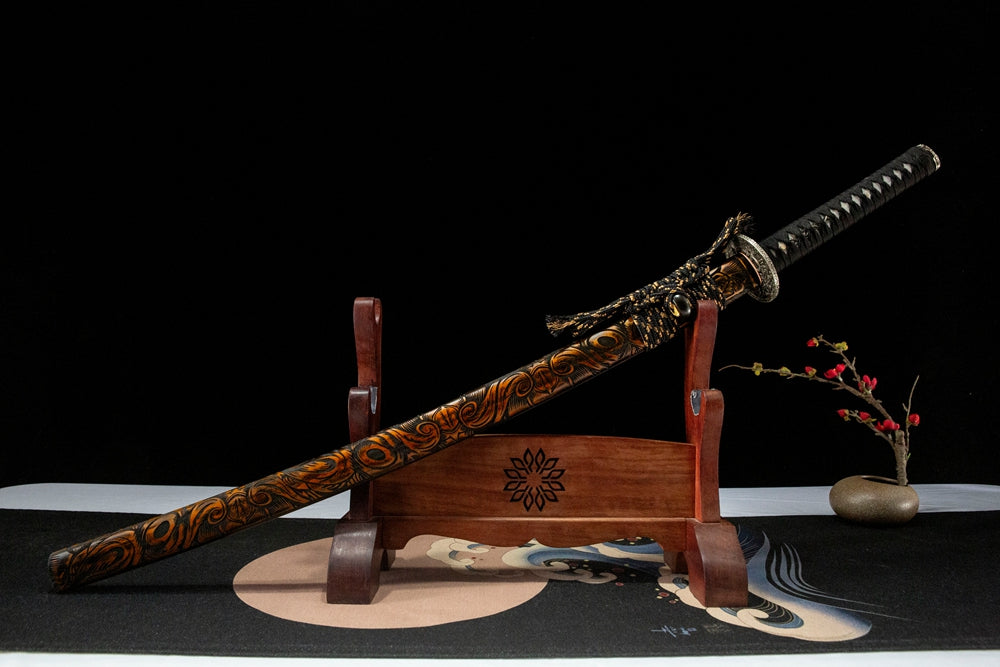 Wind and Cloud Katana front angled view, hand carved solid wood scabbard