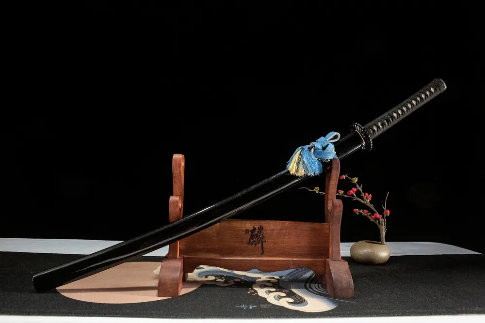 Black Edge Katana front angled view, solid wood painted saya