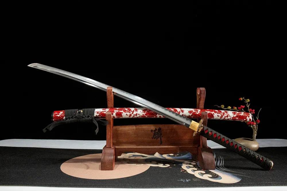 Flame Katana 45-degree view, fine ground clay tempered folded steel sword