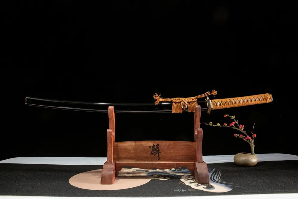 Wild Goose Katana straight front view, unique Saka-choji hamon samurai sword