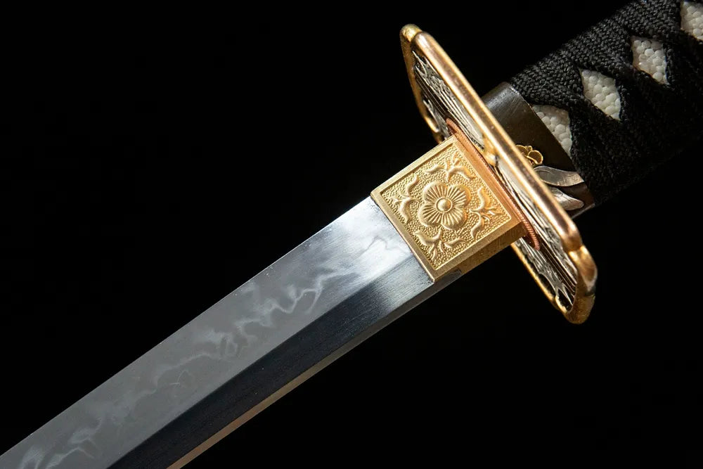 Butterfly Katana upper blade detail near tsuba, T10 steel texture