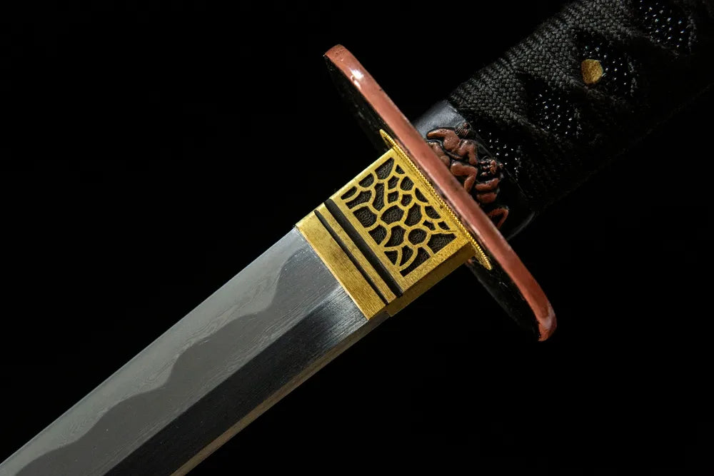 Valiant Phoenix Katana upper blade detail, folding steel forge pattern near tsuba