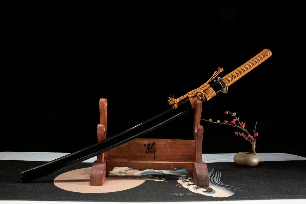 Wild Goose Katana front angled view, solid wood saya with ox horn koiguchi