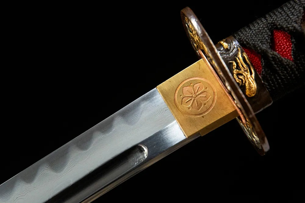 Flame Katana upper blade detail near tsuba, folded steel natural grain pattern