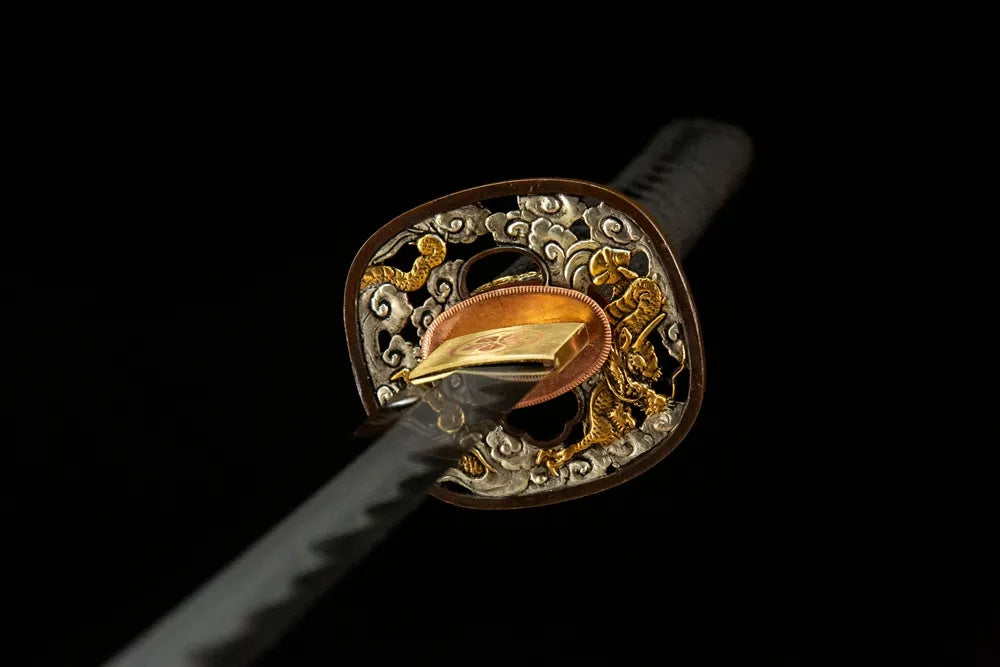 Flame Katana tsuba front view, dual-tone copper gold-plated silver hand guard