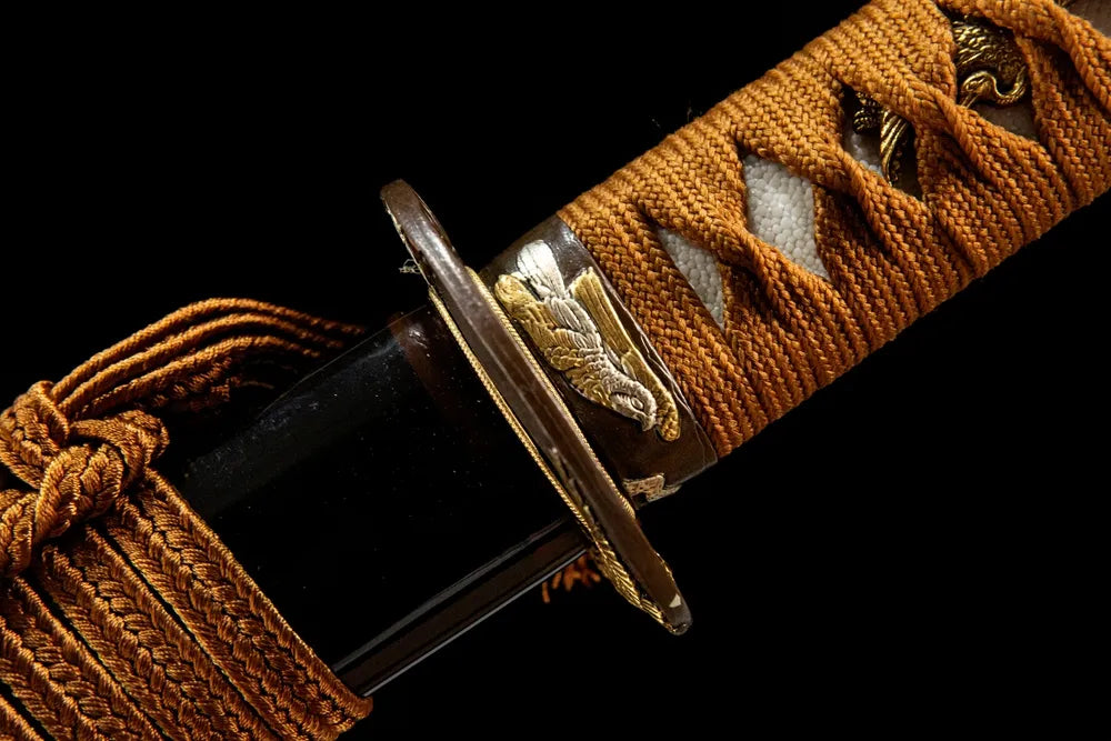 Wild Goose Katana fuchi, copper gold-plated silver handle collar closeup