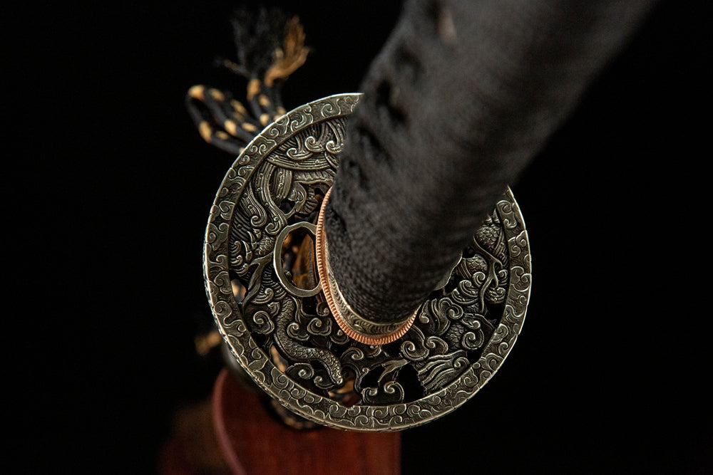 Wind and Cloud Katana tsuba reverse side, solid antique white copper construction