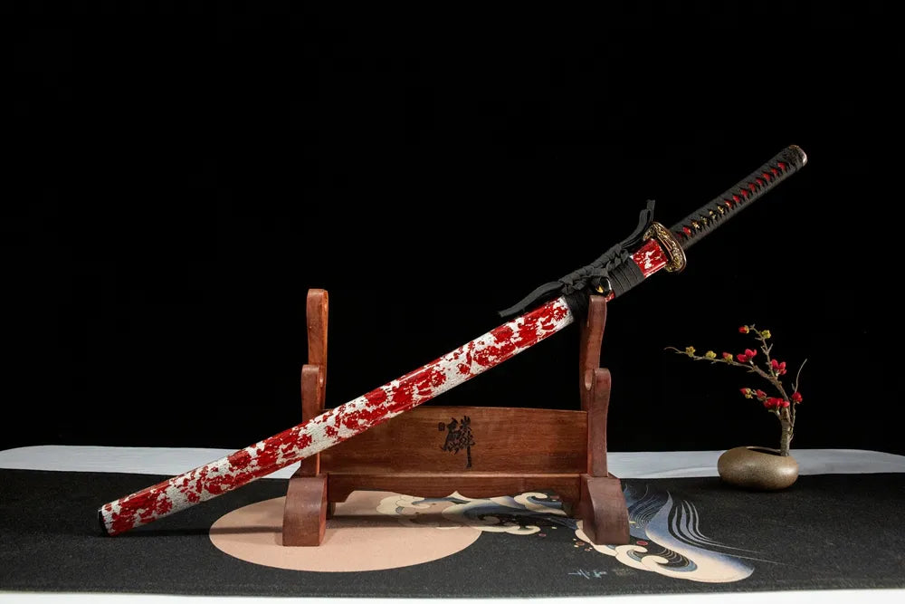 Flame Katana front angled view, solid wood hand-painted saya with flame motifs