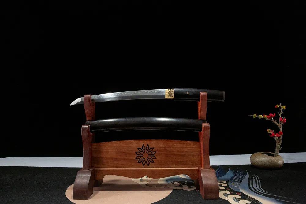 Unsheathed Plum Blossom Dragon Tanto, T10 steel blade with sanbonsugi three cedar hamon