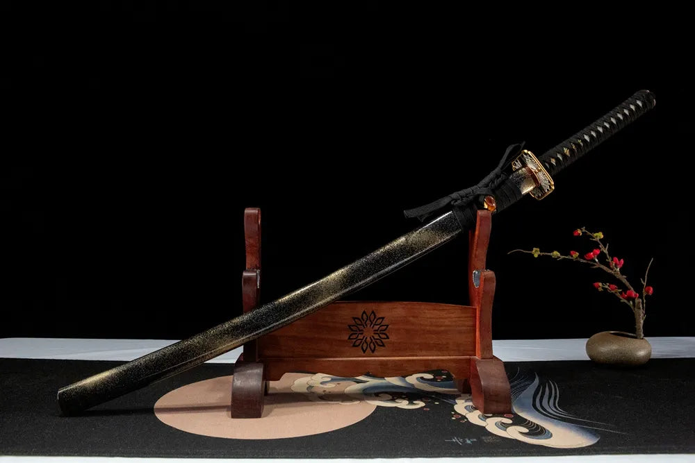 Butterfly Katana front angled view, solid wood saya with hand-painted butterfly motif