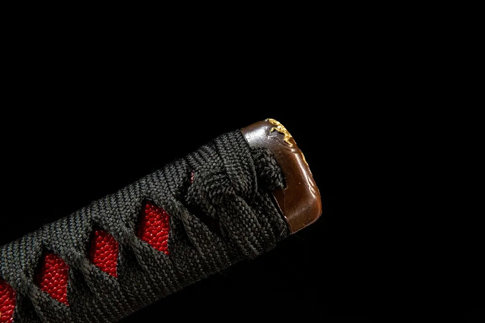 Flame Katana handle closeup, traditional silk wrap texture