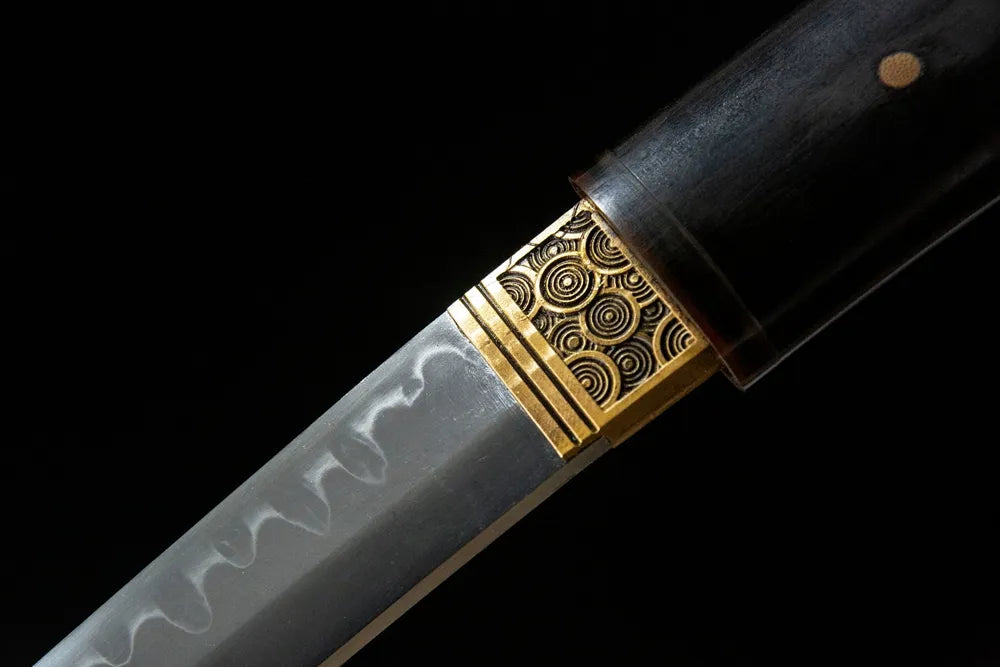 Plum Blossom Dragon Tanto upper blade detail near tsuba, T10 steel texture