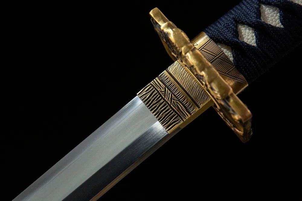 Azure Wind Katana upper blade detail, Suguha hamon near copper habaki T10 steel