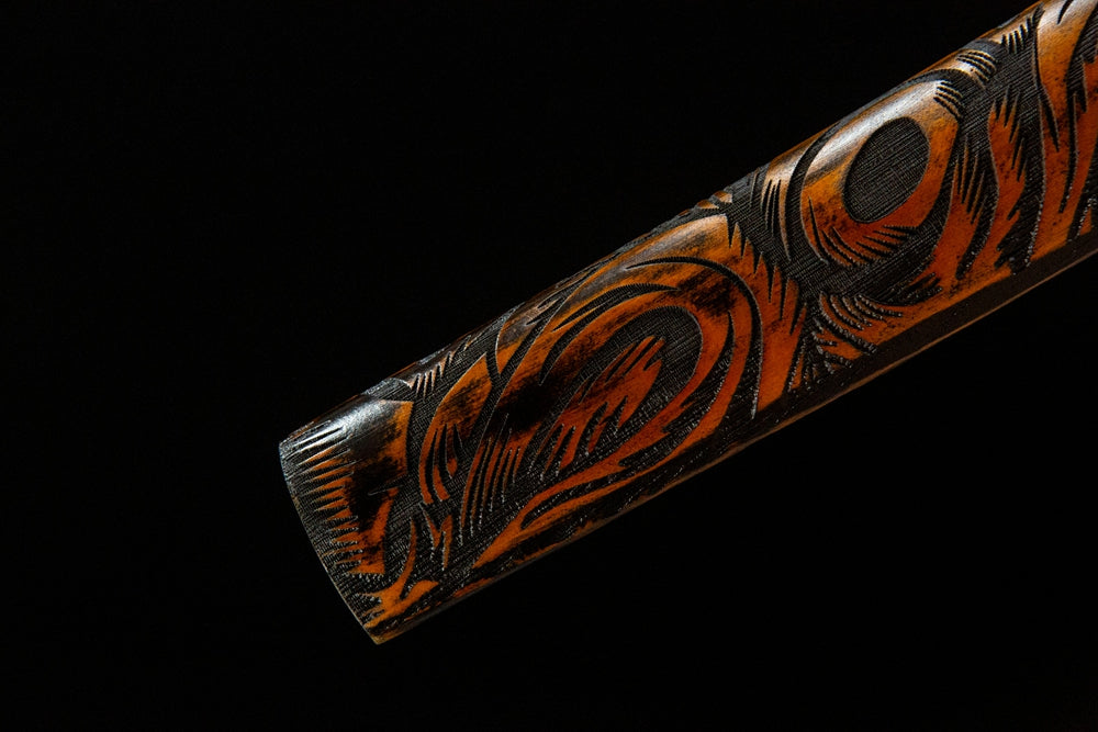 Wind and Cloud Katana saya lower section, carved hardwood scabbard end detail