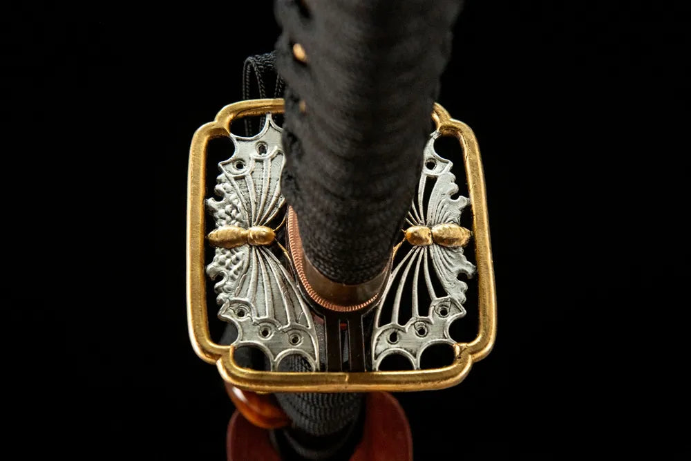 Butterfly Katana tsuba reverse side, dual-tone metal structure with butterfly design