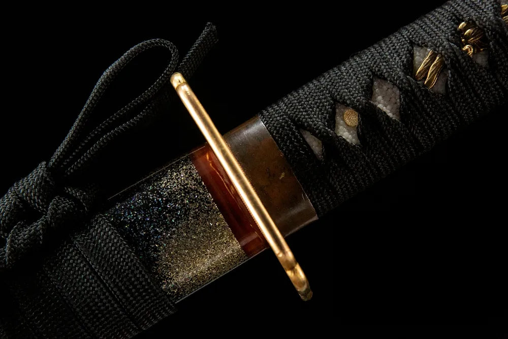 Butterfly Katana fuchi, copper gilded silver handle collar closeup