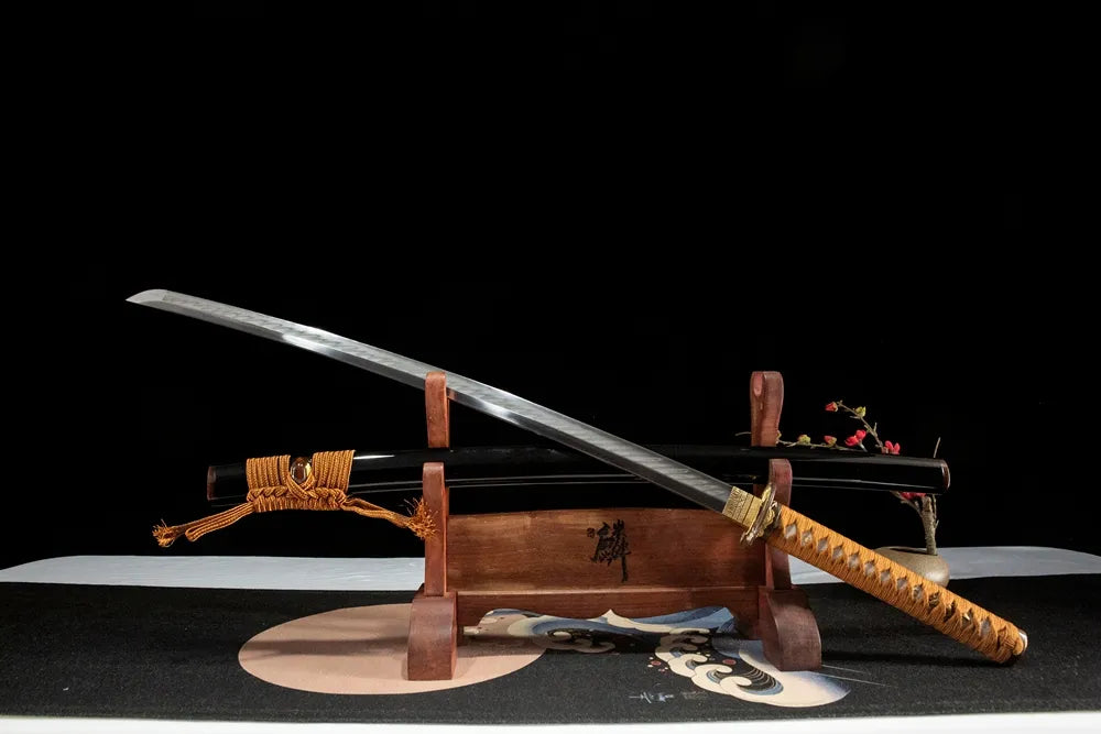 Wild Goose Katana 45-degree view, clay tempered sword with ox horn fittings