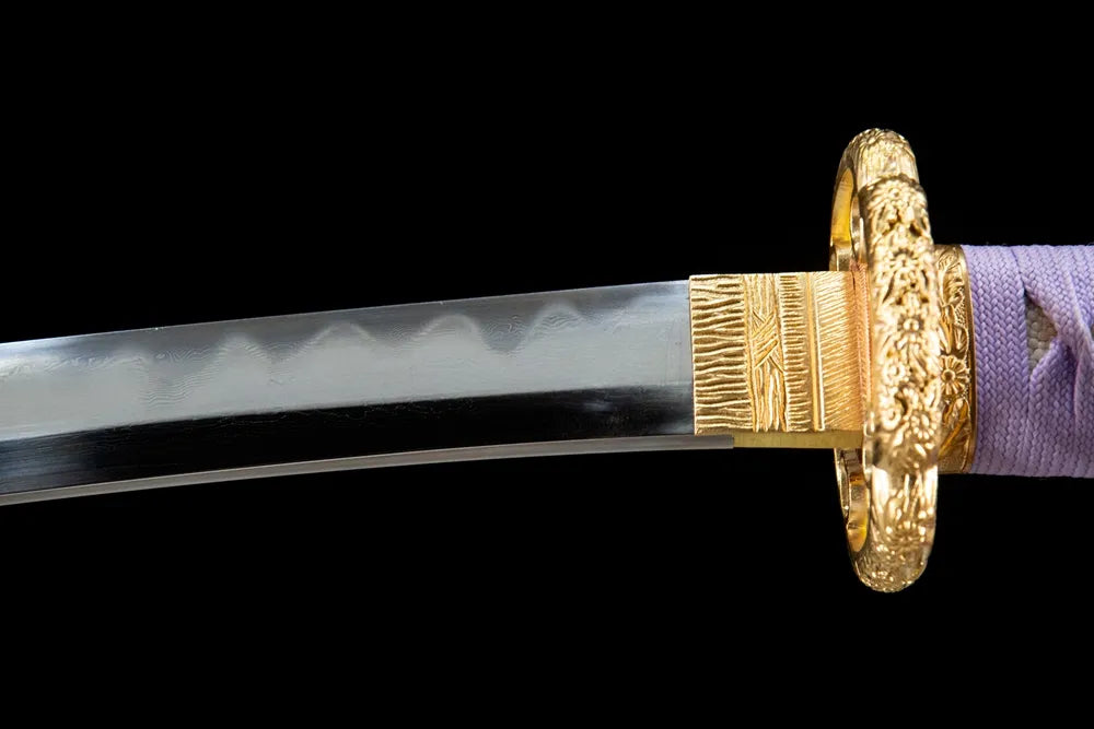 Upper blade closeup Fierce Tiger Katana natural notare hamon near solid copper habaki real yokote