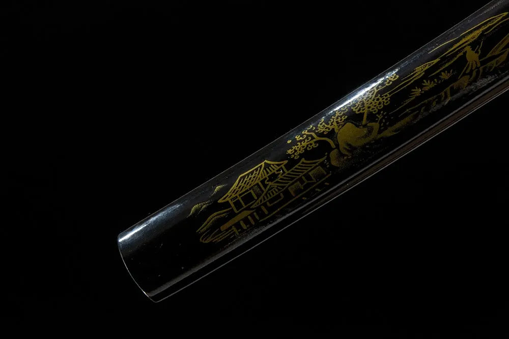 Green Shade Katana saya lower section, lacquered hardwood scabbard end detail