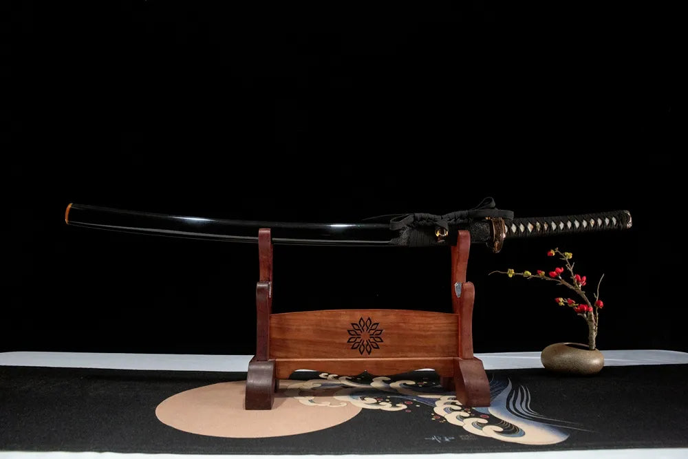 Horizontal front display Red-Crowned Crane Katana with complete ox horn koiguchi, kurikata and kojiri