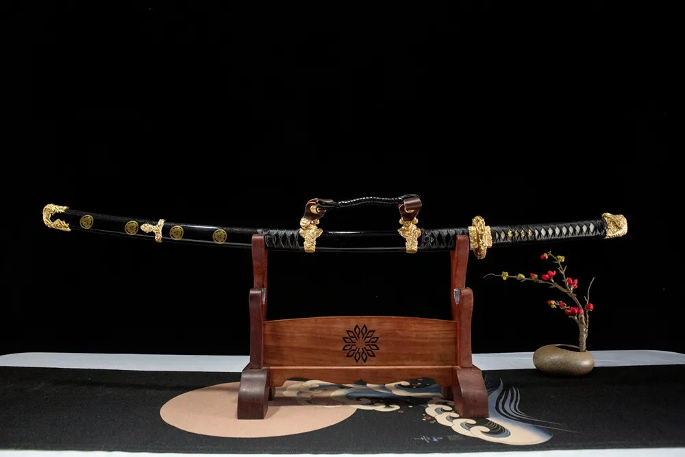 Horizontal front display The Firmament Tachi, historical horseback style tachi complete copper ashikanamono hangers