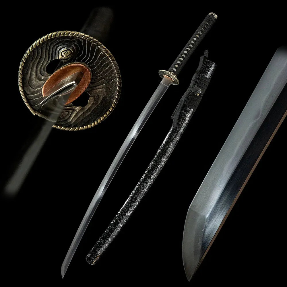 Time Katana, patterned folding steel samurai sword with white copper fittings