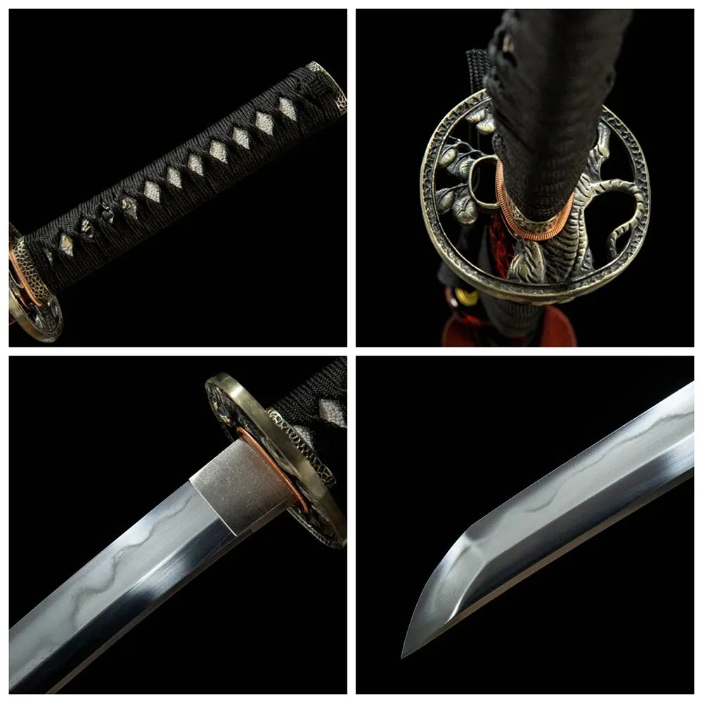 4-grid detail collage of Red Tiger Wakizashi blade, handle, tsuba and lacquer saya