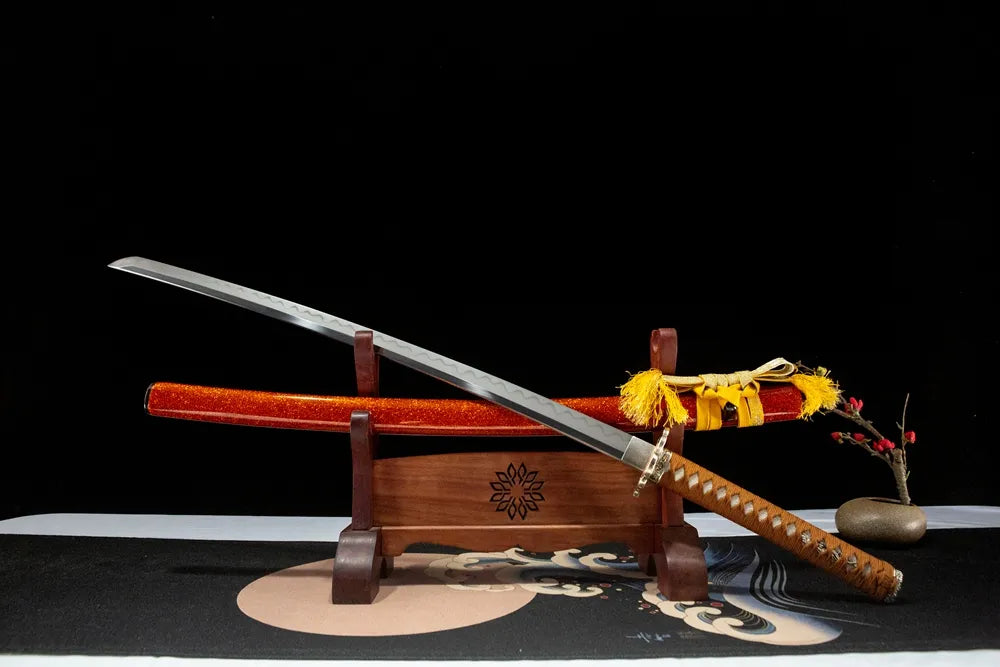 Flaring Fire Katana 45-degree unsheathed view, fine polished clay tempered blade