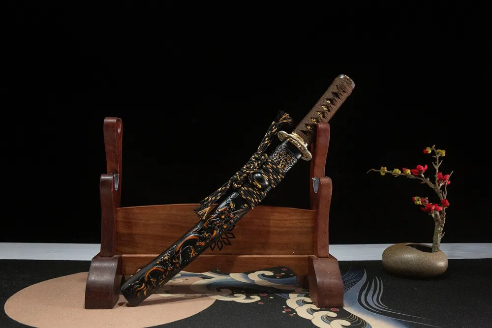 45-degree front view Battle Dragon Wakizashi sheathed, carved dragon black lacquer saya ox horn full fittings