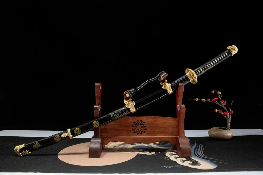 45-degree front view of The Firmament Tachi sheathed, solid wood saya full copper tachi hardware cowhide tachio cord