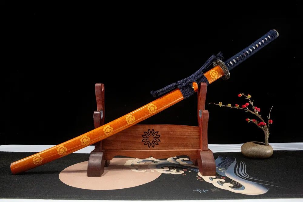 45-degree front view Plover Katana sheathed solid wood paint saya coarse cotton sageo