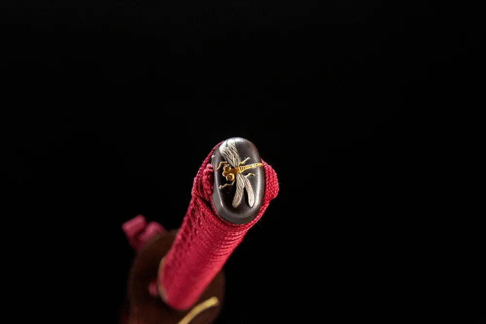 Red Dragonfly Katana kashira, gold silver plated copper pommel dragonfly pattern