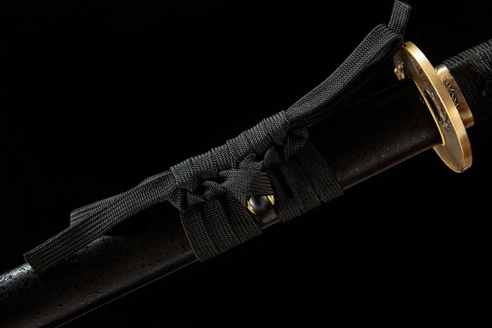 Plain cotton sageo cord tied on black ninja wakizashi saya ring