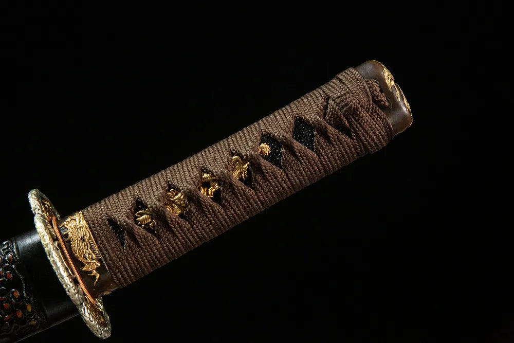 Full imogata tsuka front view Battle Dragon Wakizashi brown moro silk wrap real ray skin dragon menuki