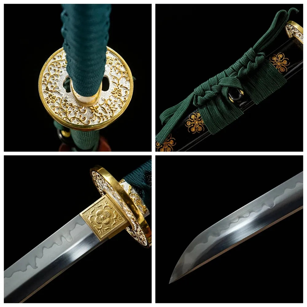 4-grid detail collage of Green Shade Katana blade, handle, tsuba and lacquer saya