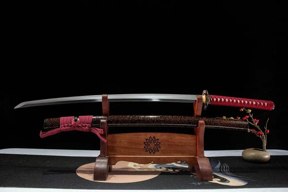 Unsheathed Red Dragonfly Katana, T10 steel blade with Suguha straight hamon
