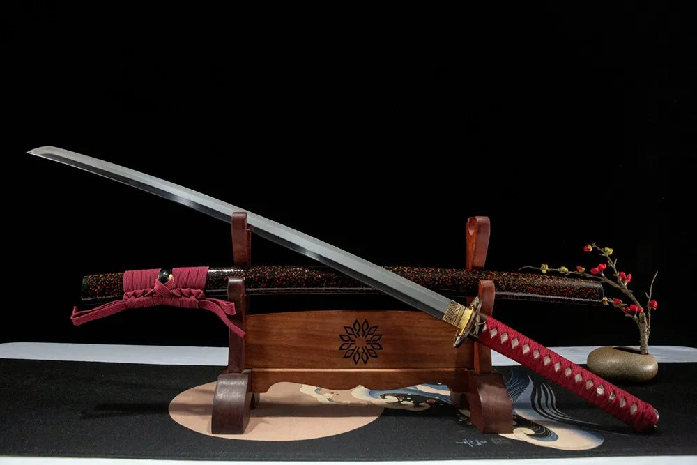 Red Dragonfly Katana 45-degree view, clay tempered fine polished T10 carbon steel blade