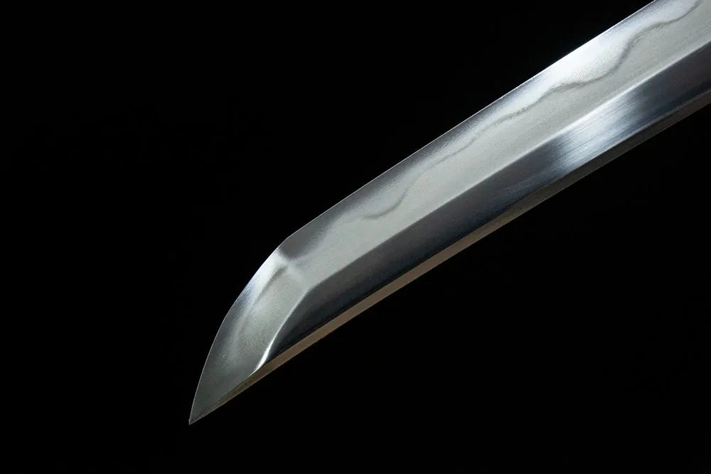 Red Tiger Wakizashi blade tip detail, simulated yokote sharp cutting edge