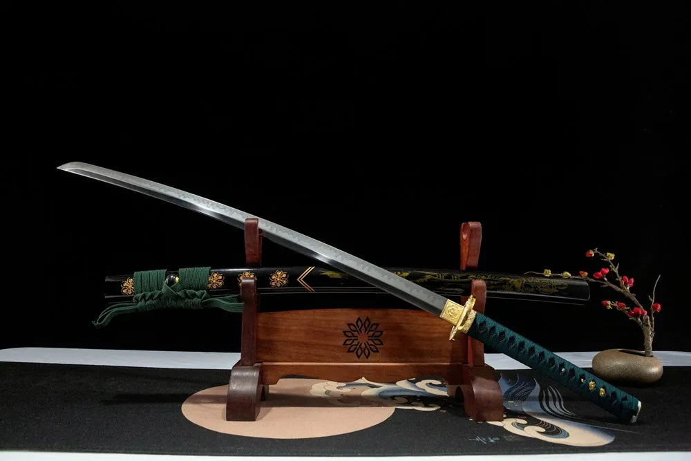 Green Shade Katana 45-degree unsheathed view, clay tempered fine ground T10 steel blade