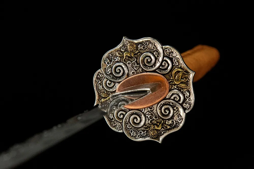 Flaring Fire Katana tsuba front, flaring fire pattern copper guard