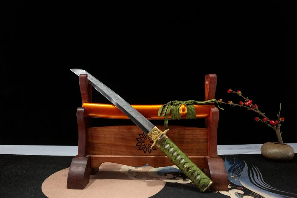 Unsheathed The Shogunate Wakizashi horizontal shot short T10 clay tempered maru blade