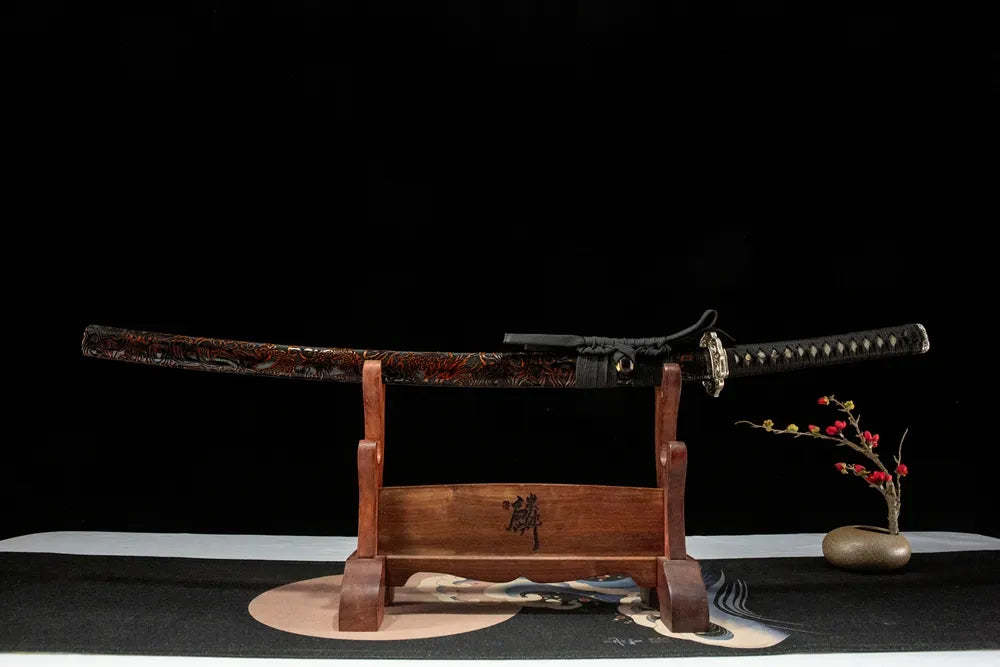 Horizontal front display The Firmament Tachi, historical horseback style tachi complete copper ashikanamono hangers