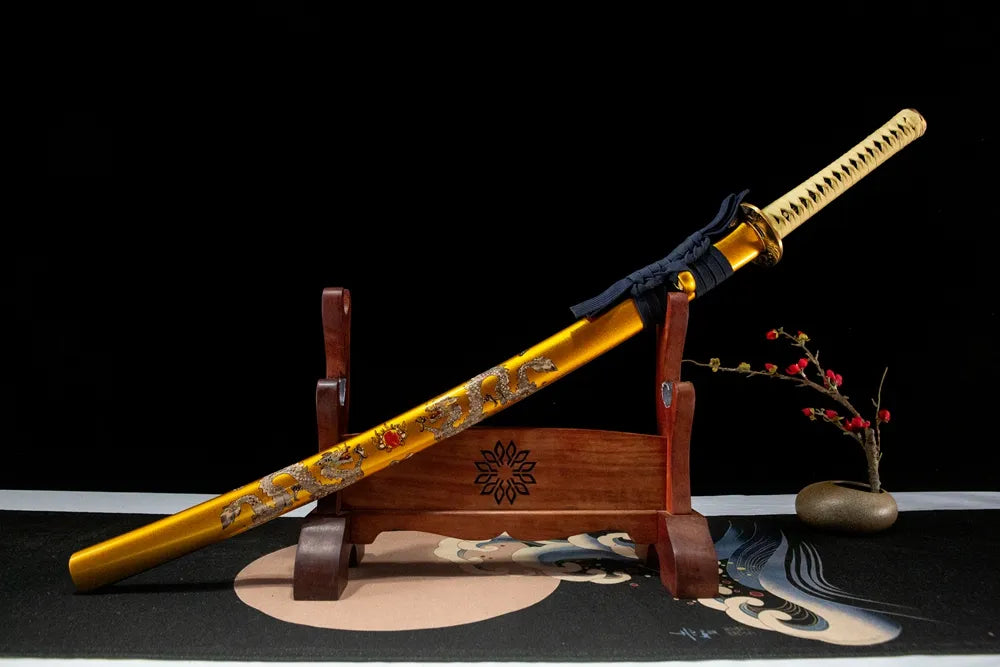 45-degree front view Double Dragon Katana fully sheathed golden double dragon solid wood saya coarse cotton sageo
