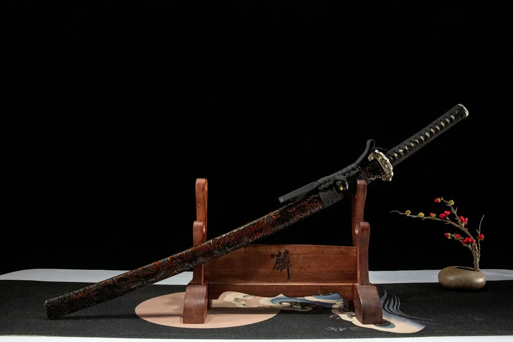 45-degree front view of The Firmament Tachi sheathed, solid wood saya full copper tachi hardware cowhide tachio cord